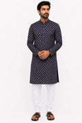 Traditional Tilak Motif on Crispy Cotton Blended Fabric Men's Navy Blue Kurta