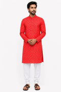 Traditional Tilak Motif Red Kurta for Men in Crispy Cotton Blend Fabric