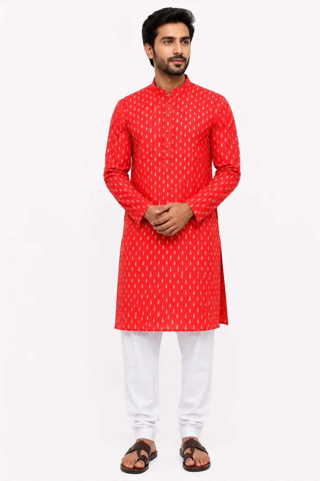 Traditional Tilak Motif Red Kurta for Men in Crispy Cotton Blend Fabric