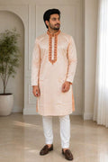 Peach Soft Silk Jacquard Thread Work Kurta