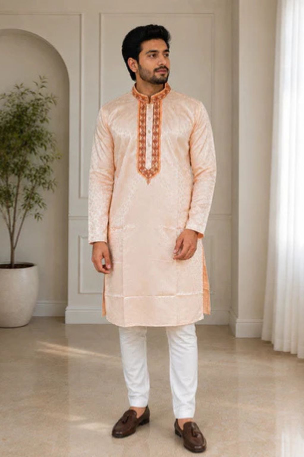 Peach Soft Silk Jacquard Thread Work Kurta