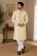 Yellow Soft Silk Jacquard Thread Work Kurta