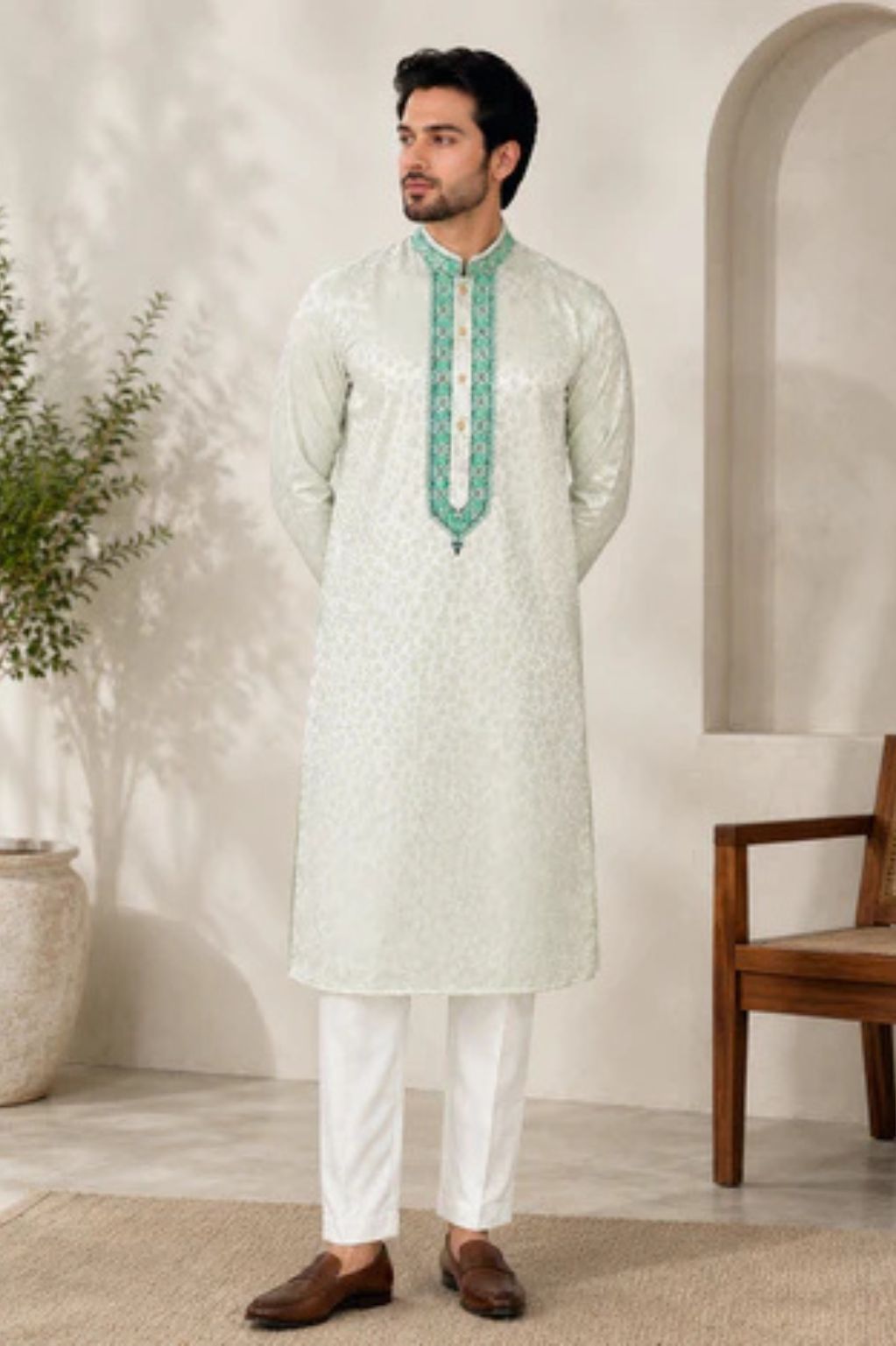 Mint Soft Silk Jacquard Thread Work Kurta