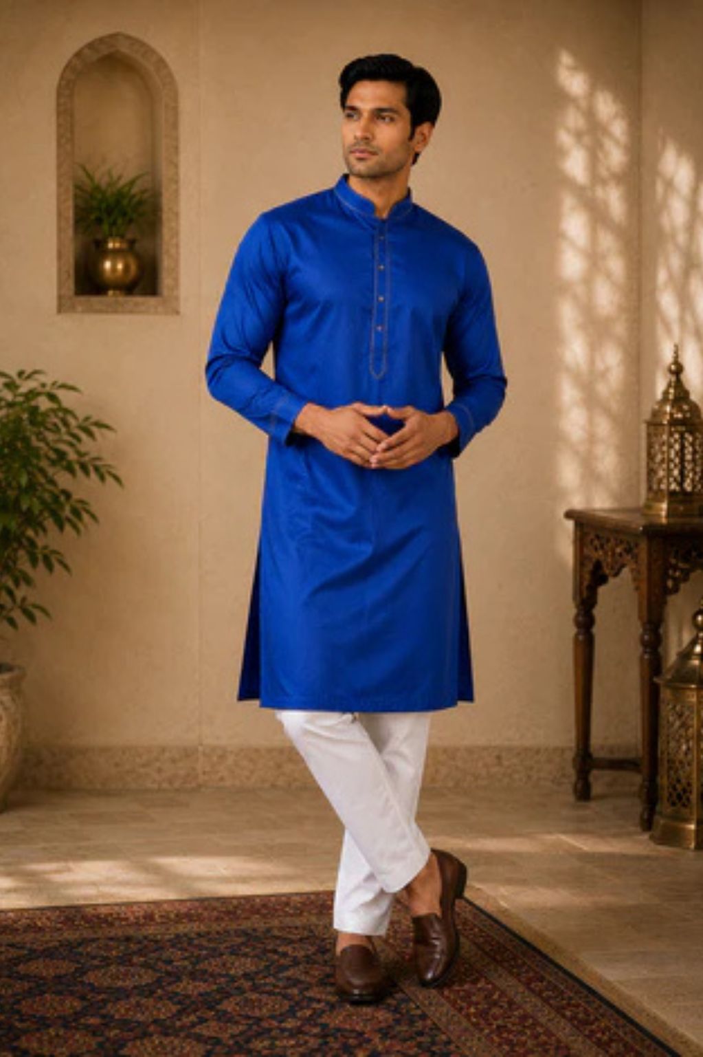 Navy Blue Diamond Satin Kurta Pant Set