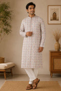 White Floral Print Lurex Kurta with Collar & Placket Work