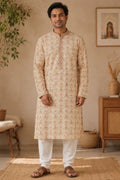 Yellow Floral Print Lurex Kurta with Collar Work