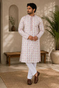 Pink Floral Print Lurex Kurta with Collar & Placket Work