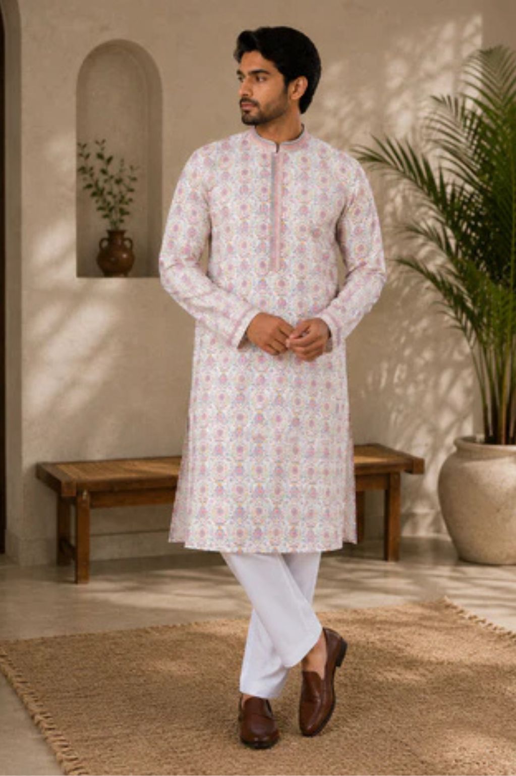 Pink Floral Print Lurex Kurta with Collar & Placket Work