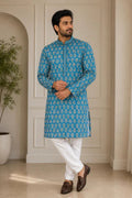 Teal Ethnic Print Kurta with Sequin Work