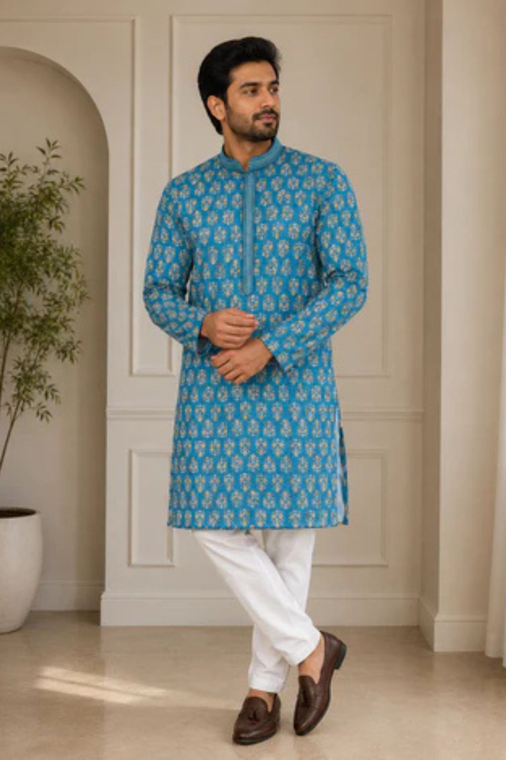 Teal Ethnic Print Kurta with Sequin Work