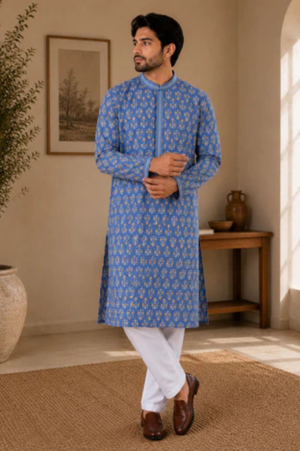 Blue Ethnic Print Kurta with Sequin Work