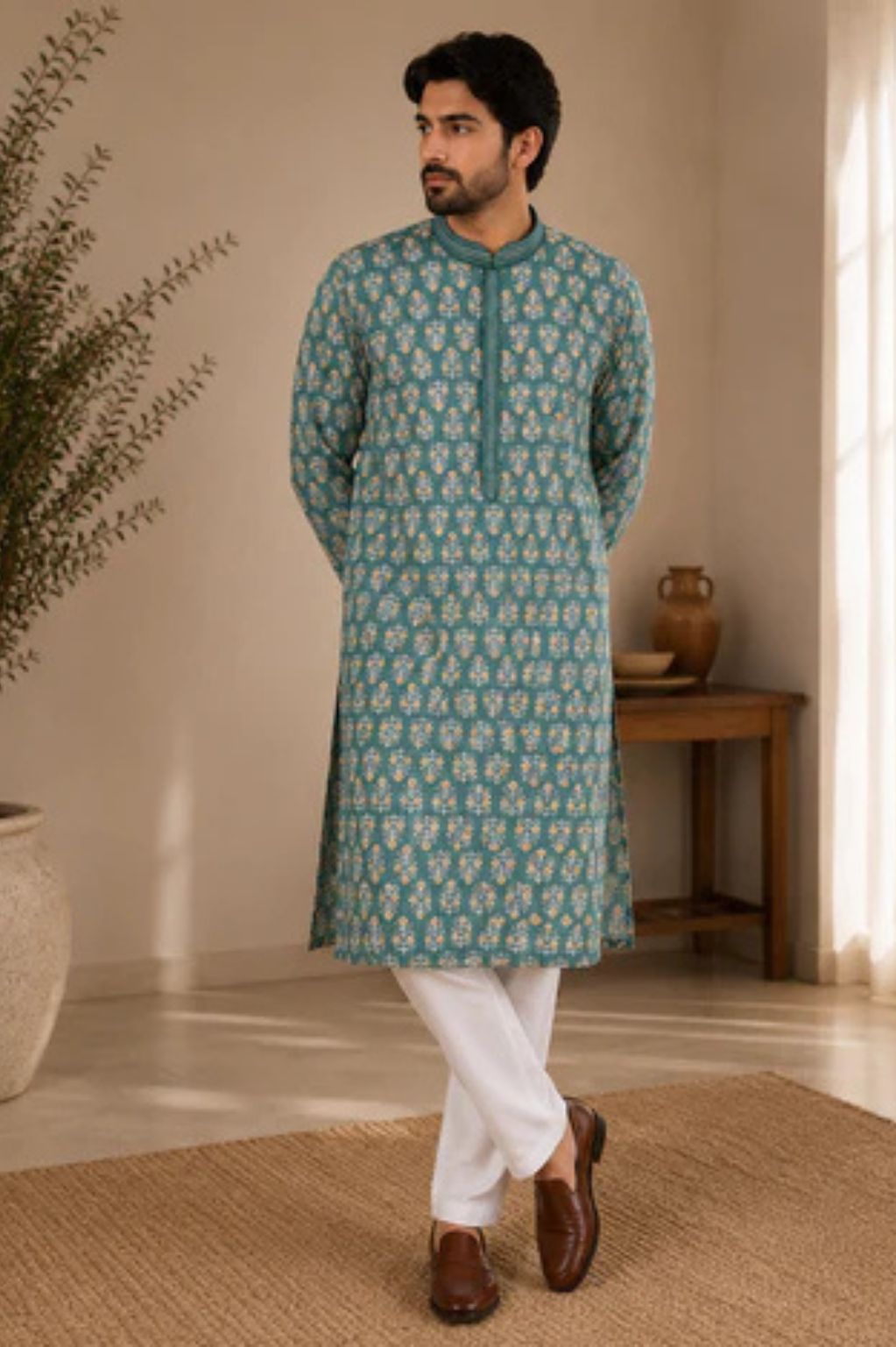Green Ethnic Print Kurta with Sequin Work