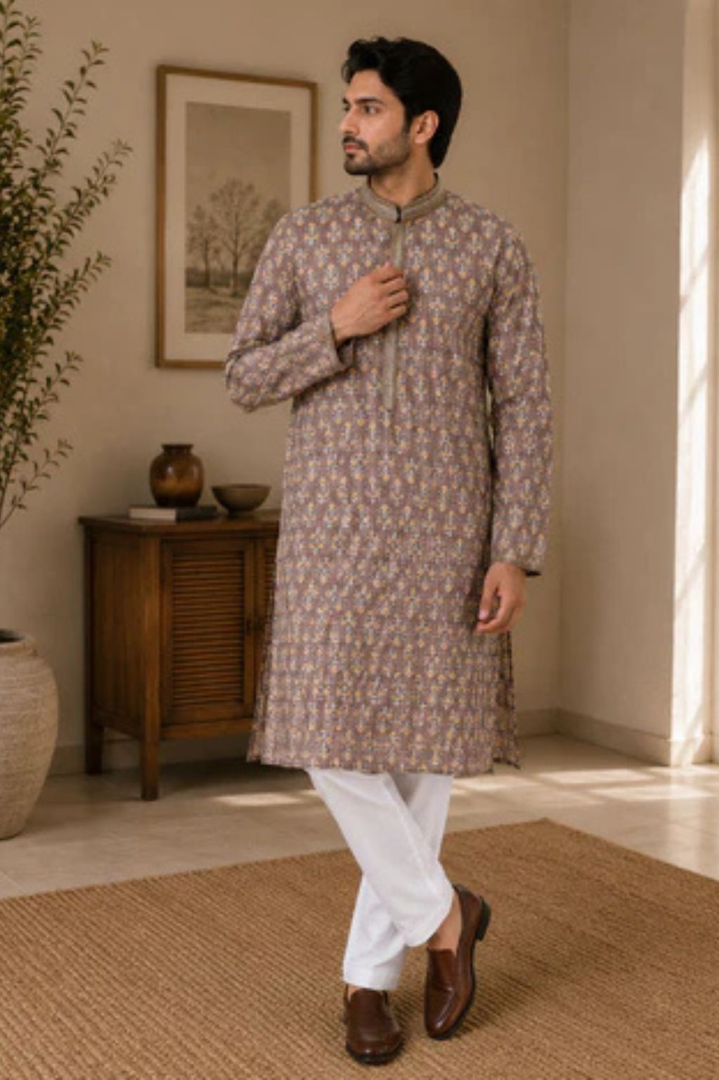 Brown Ethnic Print Kurta with Sequin Work