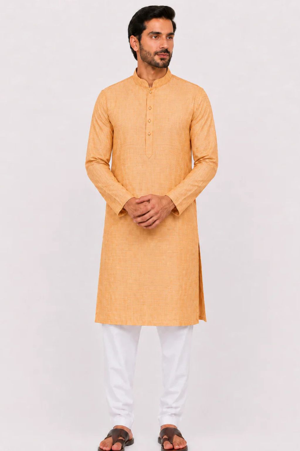 Men's Orange Tussar Cotton Blend Kurta with Self Checks