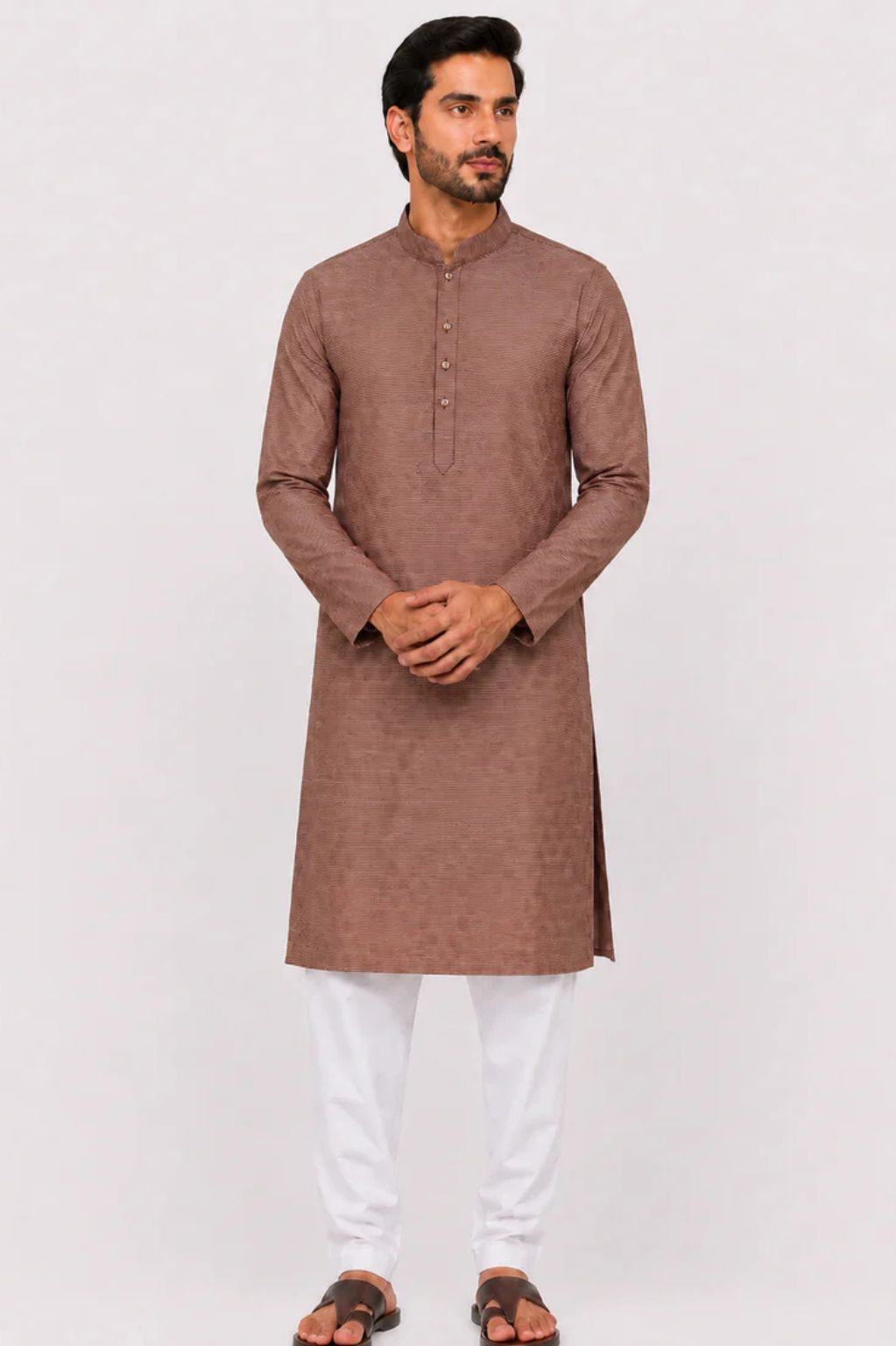 Men's Maroon Tussar Cotton Kurta with Self Checks