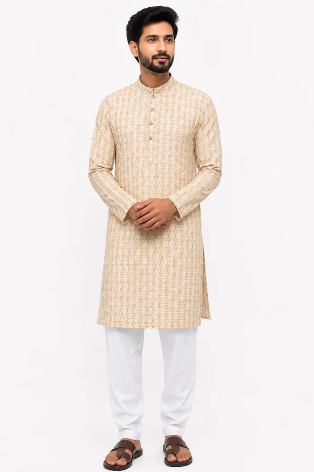 Men's Peach Kurta with Beige & White Geometric Ethnic Motif Print