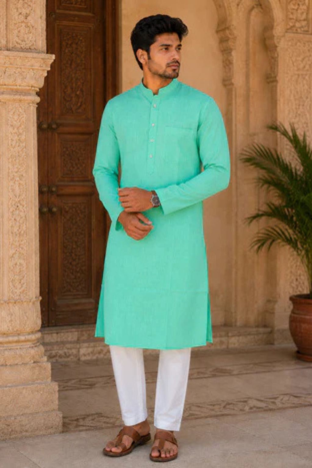 Mint Linen Cotton Slub Textured Kurta with Pant