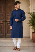 Navy Blue Linen Cotton Slub Textured Kurta Set