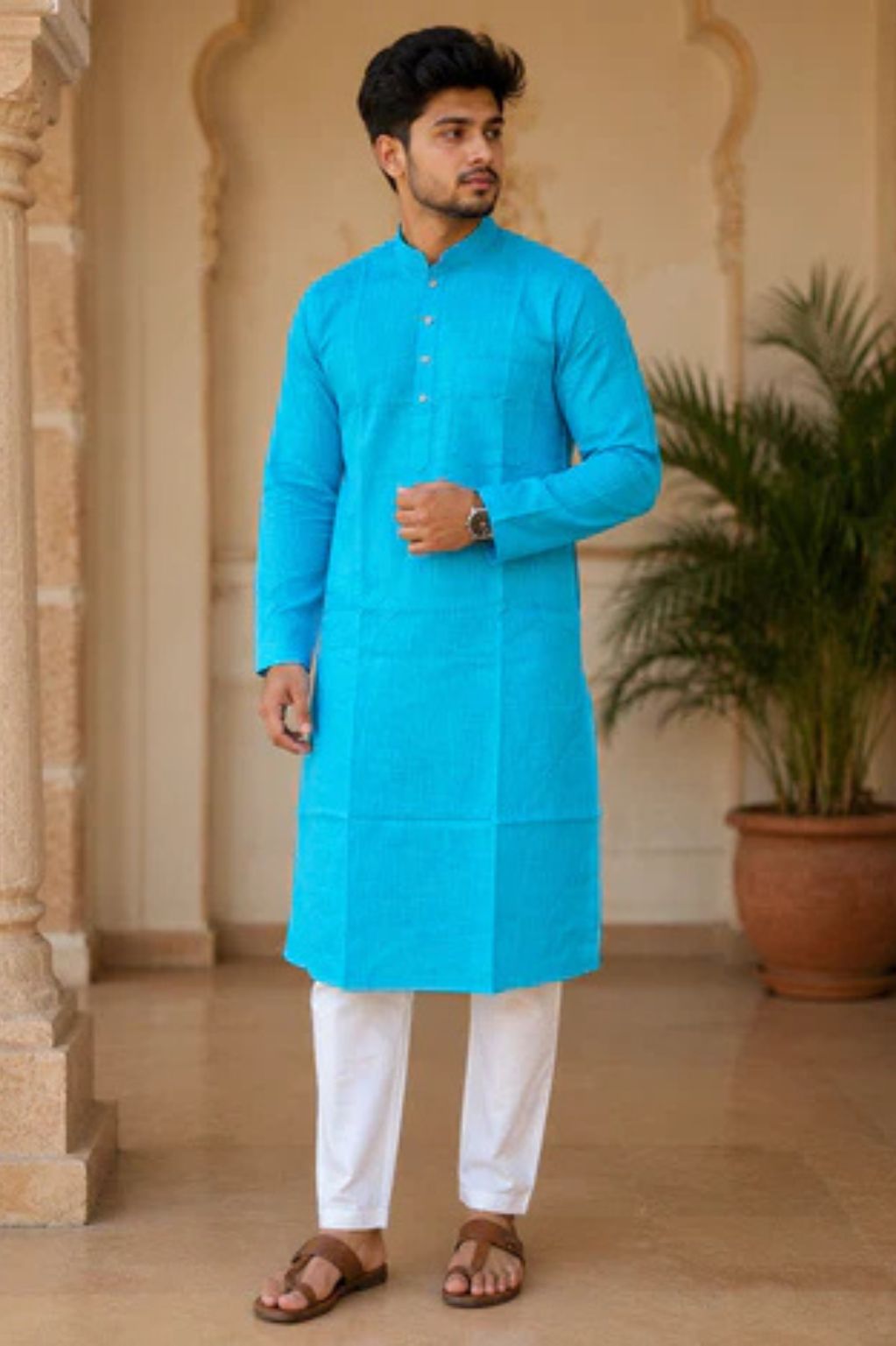 Blue Linen Cotton Slub Textured Kurta with Pant