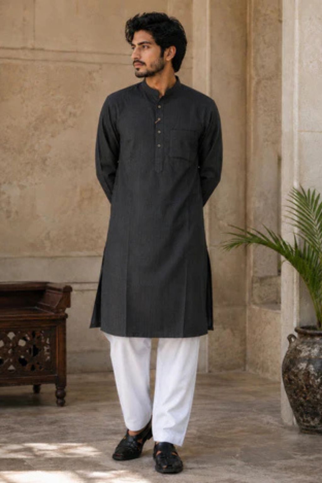 Black Linen Cotton Slub Kurta with Pant
