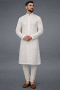 Men’s White Chikankari Lucknowi Kurta – Collar and Button Placket
