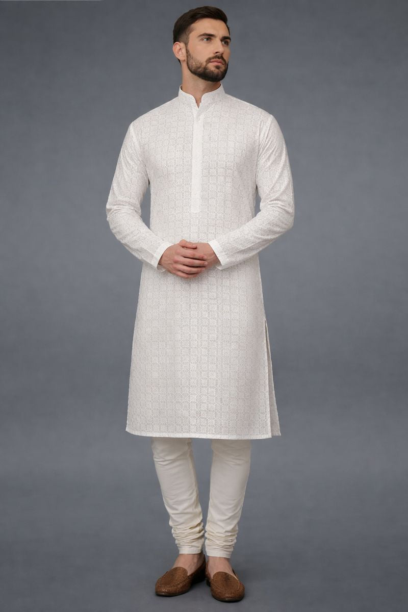 Men’s White Chikankari Lucknowi Kurta – Collar and Button Placket