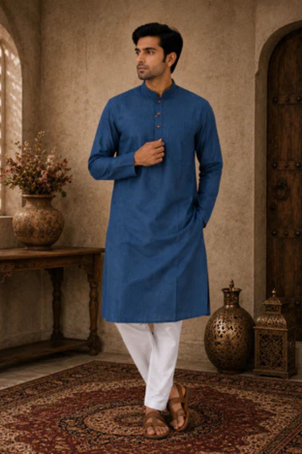 Navy Blue Linen Blend Kurta Pant Set