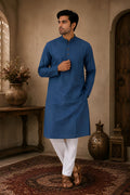 Navy Blue Linen Blend Kurta Pant Set