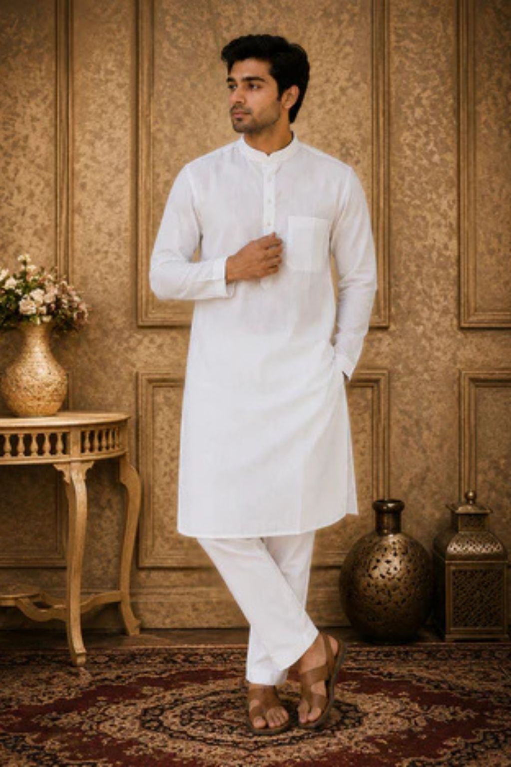 White Linen Blend Kurta Pant Set