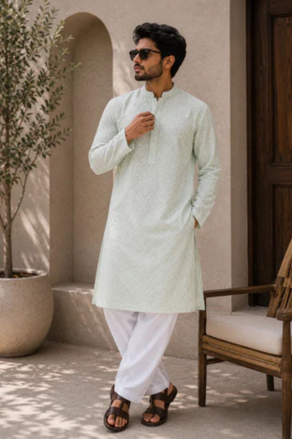 Mint Lucknowi Embroidered Pastel Kurta