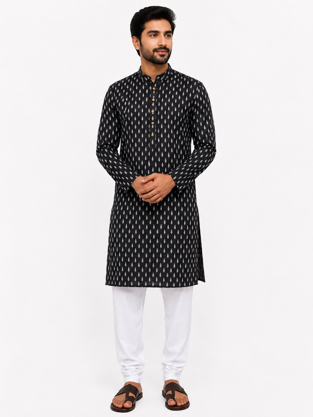 Men's Black Traditional Tilak Motif Kurta in Crispy Cotton Blend Fabric