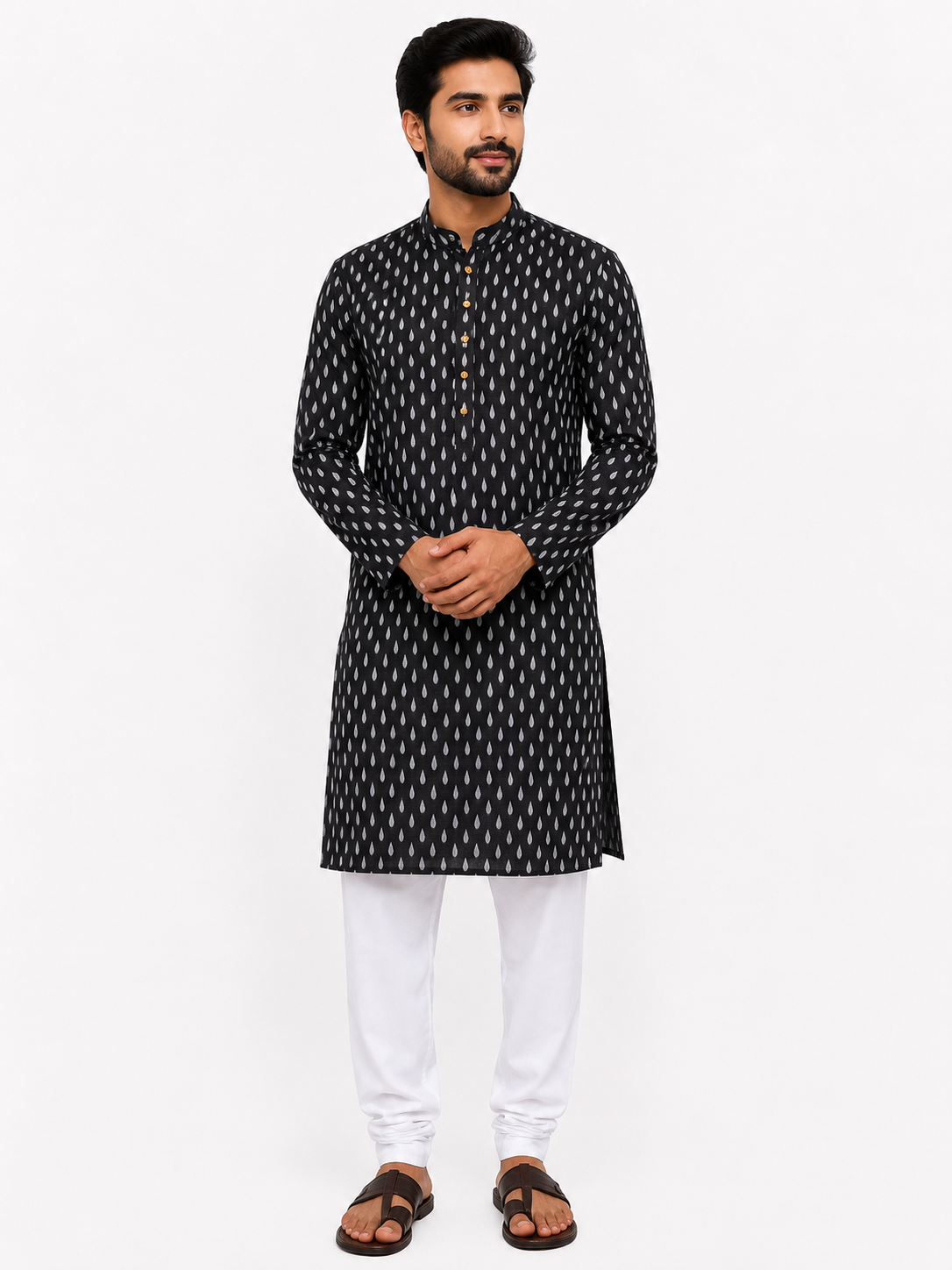 Men's Black Traditional Tilak Motif Kurta in Crispy Cotton Blend Fabric