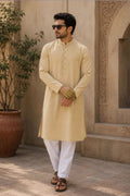 Gold Cotton Chikankari Embroidered Men's Kurta