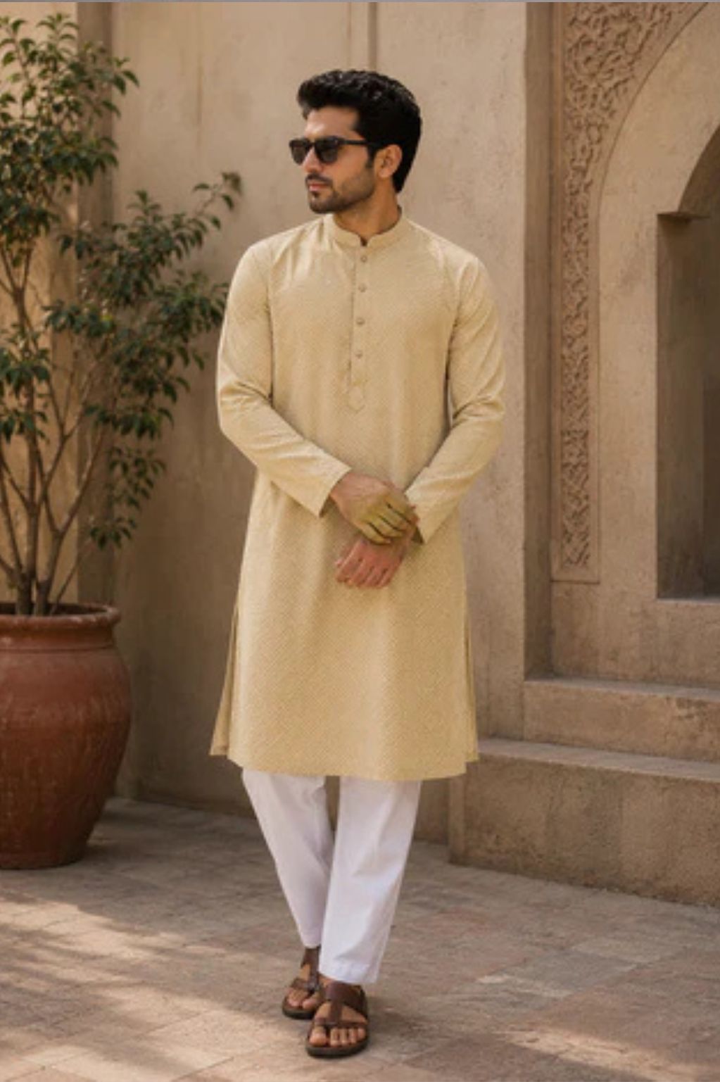 Gold Cotton Chikankari Embroidered Men's Kurta