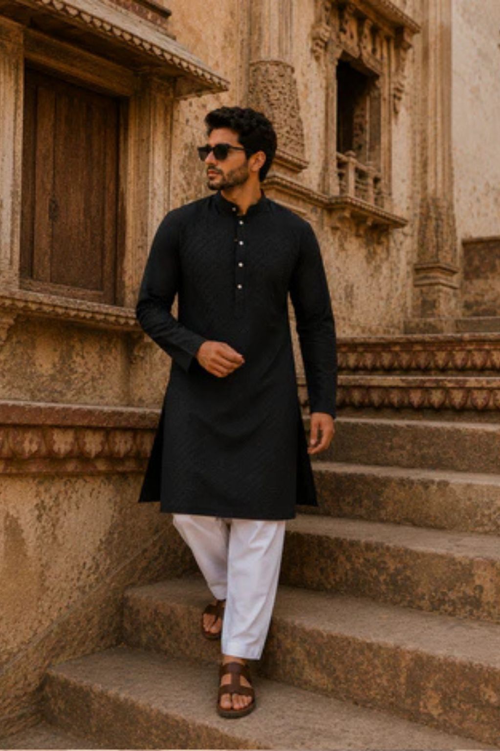 Black Cotton Chikankari Kurta for Men