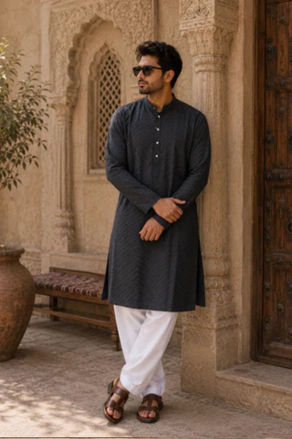 Black Cotton Kurta with All Over Chikankari Embroidery for Men