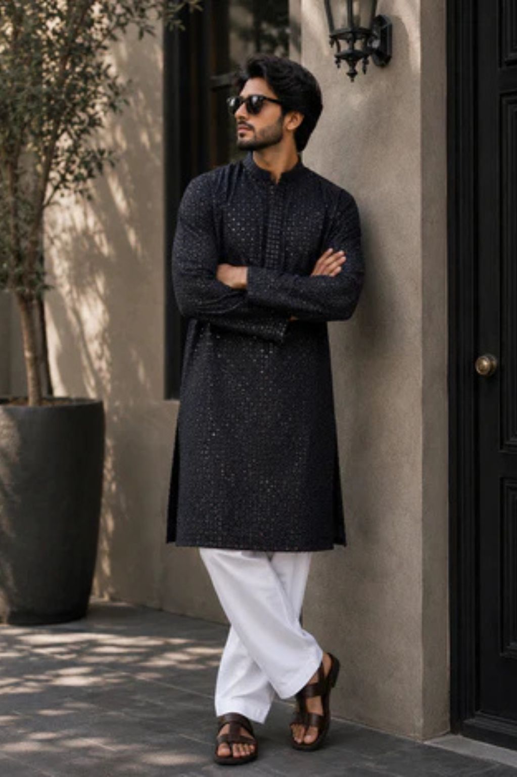Black Lucknowi Embroidered Cotton Voile Kurta