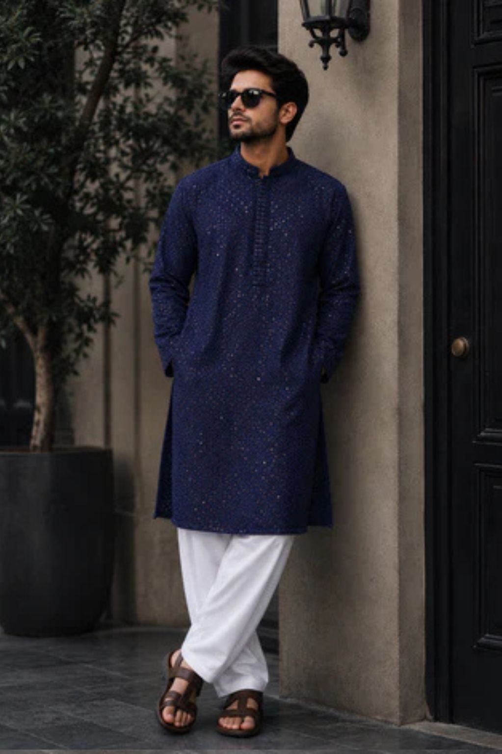 Navy Blue Lucknowi Embroidered Cotton Voile Kurta
