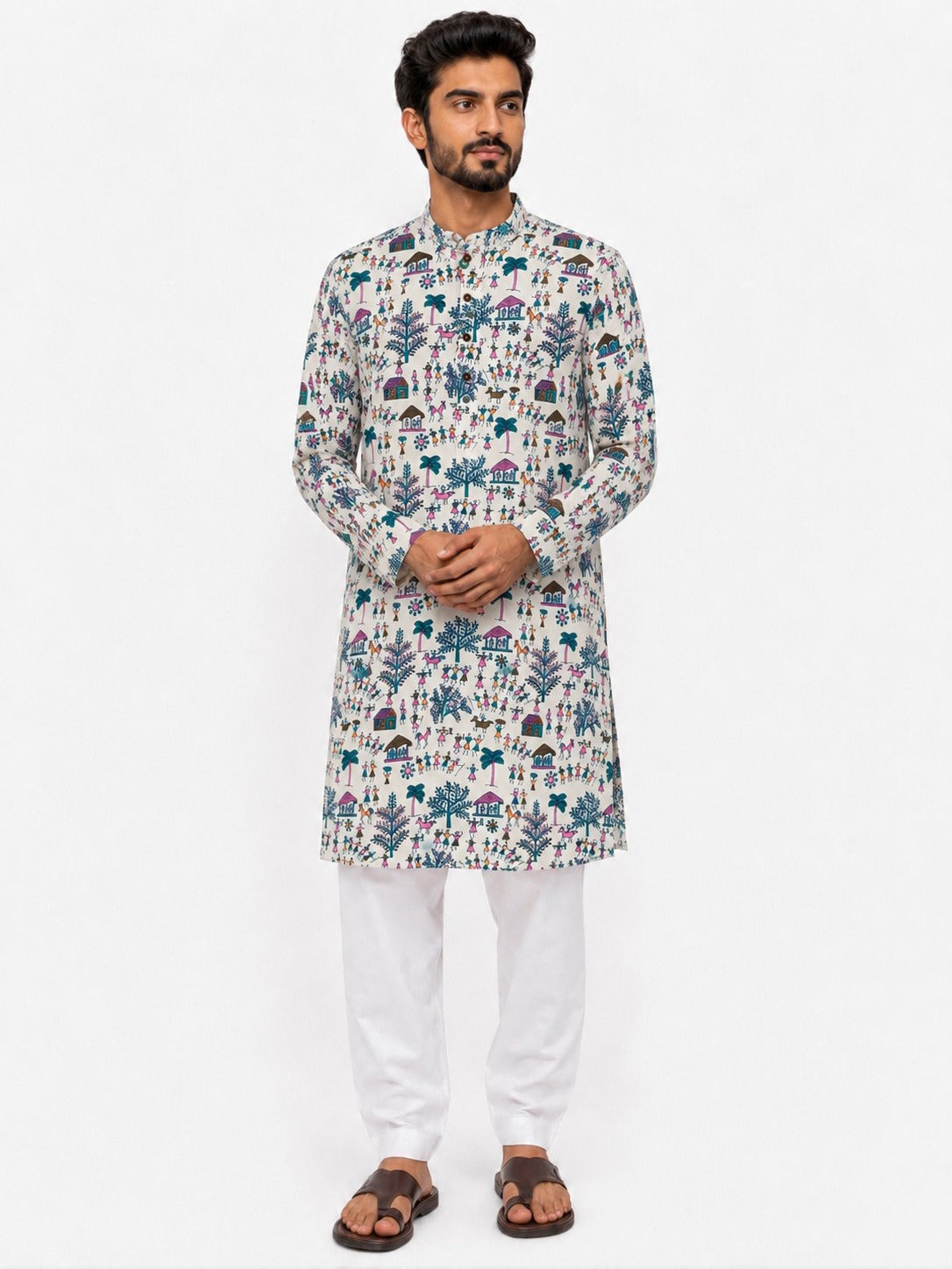 Men's Ethnic Warli Print Kurta on Natural Cotton Fabric – Multi Color