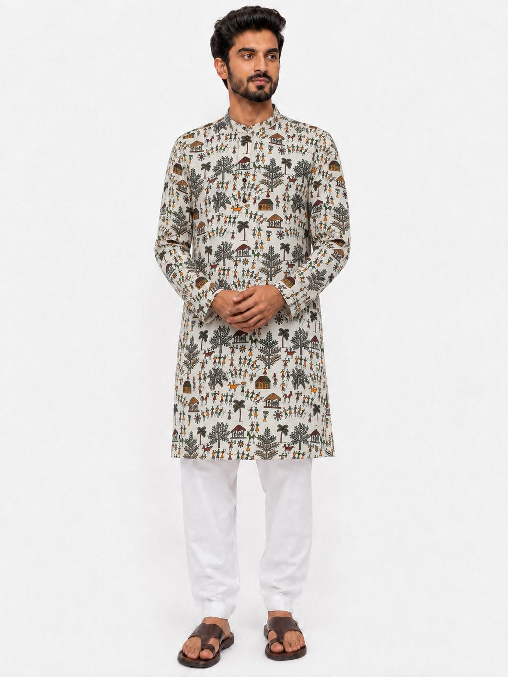 Men's Ethnic Warli Print Kurta on Natural Cotton Fabric – Multi Color