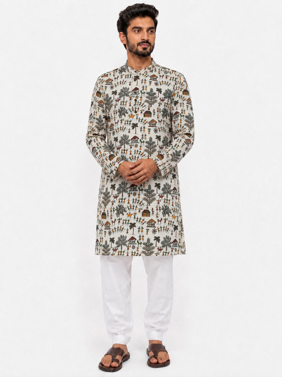 Men's Ethnic Warli Print Kurta on Natural Cotton Fabric – Multi Color