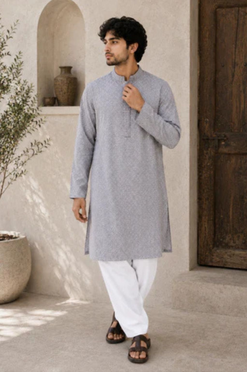 Grey Lucknowi Embroidered Cotton Voile Kurta
