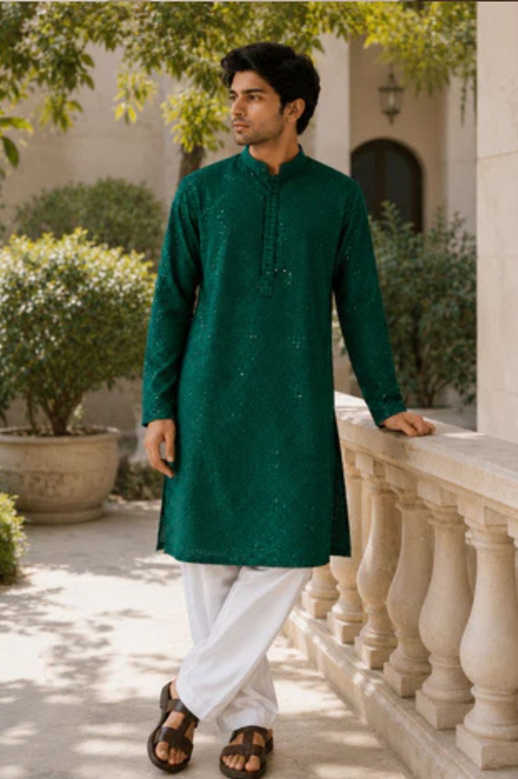 Green Lucknowi Embroidered Cotton Voile Kurta