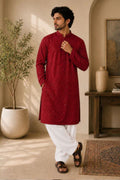 Maroon Lucknowi Embroidered Cotton Voile Kurta