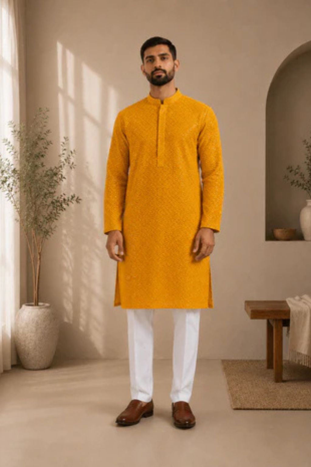 Yellow Lucknowi Kurta with Micro Sequins