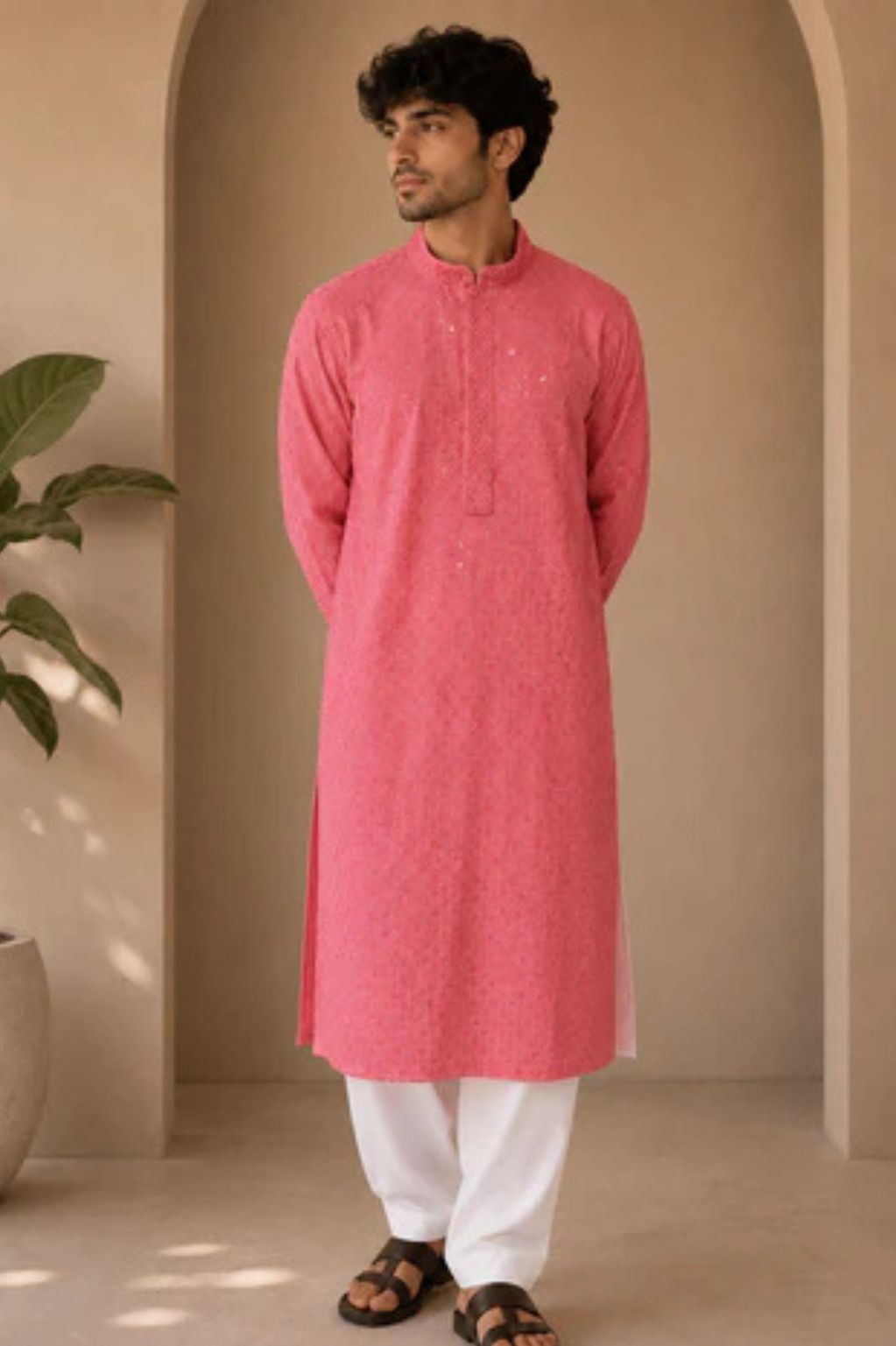 Pink Lucknowi Embroidery Cotton Voile Fabric with Micro-Sequin Work Kurta