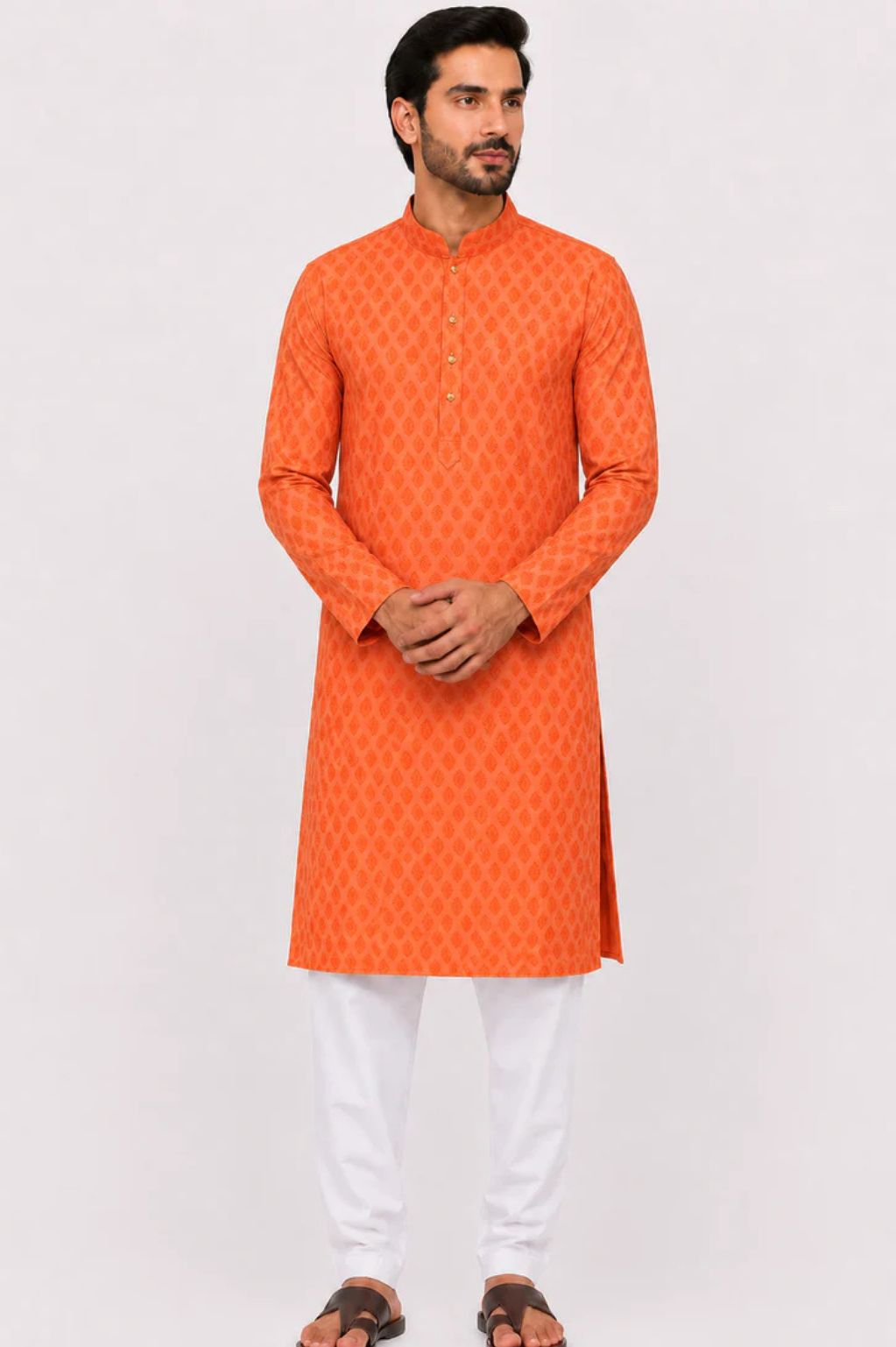 Men's Orange Jacquard Kurta with Floral Motif – Traditional Ethnic Wear
