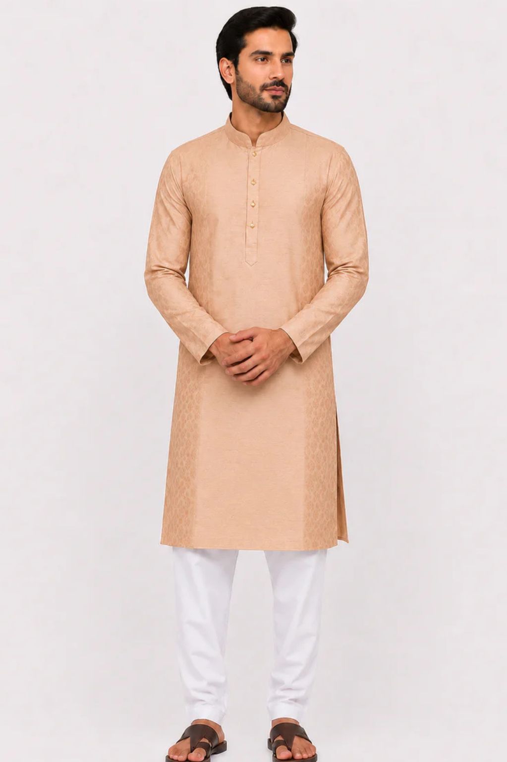 Men's Peach Jacquard Kurta with Floral Motif – Traditional Ethnic Wear