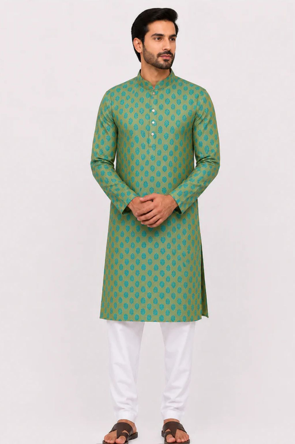 Men’s Forest Green Jacquard Woven Kurta – Elegant Leaf Pattern Ethnic Wear