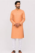 Men's Orange Jacquard Woven Leaf Pattern Kurta – Premium Ethnic Wear
